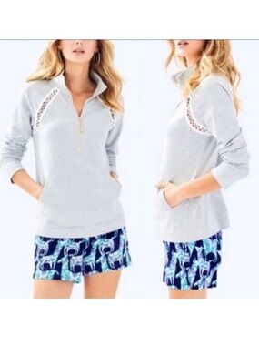 Lilly Pulitzer Skipper Popover Heathered Seaside Grey Crocheted Womens New Small